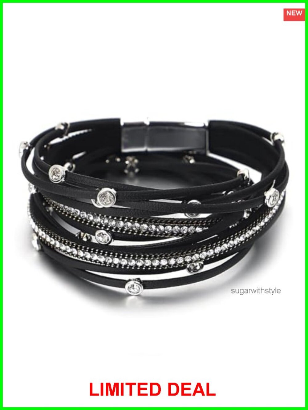 Leather Wrap Bracelet Women Boho Western Layered Cuff Handmade Rhinestone
